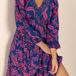 Printed V-Neck Long Sleeve Midi Dress