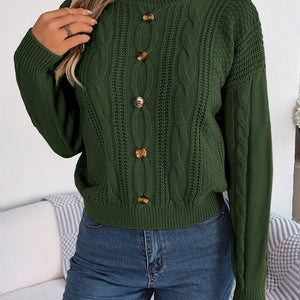 Cable-Knit Buttoned Round Neck Sweater