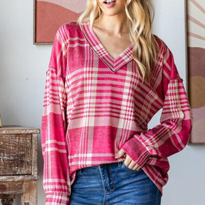 Heimish Plaid Drop Shoulder V-Neck T-Shirt