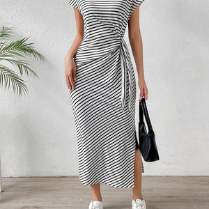 Honey Tied Striped Round Neck Short Sleeve Tee Dress