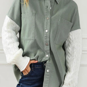 Raw Hem Collared Neck Button Up Long Sleeve Jacket