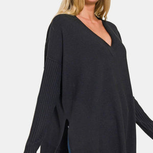 Zenana V-Neck Side Slit High-Low Sweater