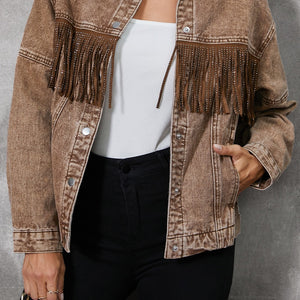 Fringe Trim Snap Down Denim Jacket