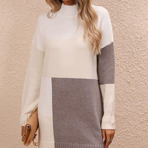 Color Block Mock Neck Dropped Shoulder Sweater Dress