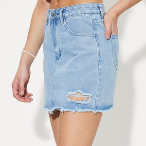 Distressed Raw Hem Mini Denim Skirt