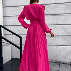 Pleated Surplice Tie Waist Maxi Dress