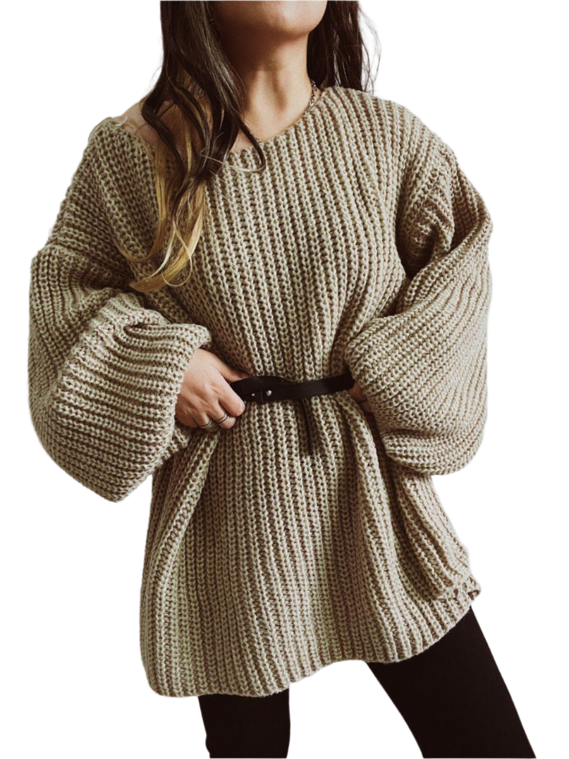 Boat Neck Long Sleeve Sweater with Belt