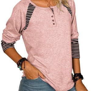 Full Size Striped Quarter Button Long Sleeve T-Shirt