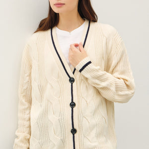 Be Cool Contrast Trim Cable-Knit V-Neck Cardigan