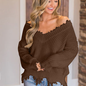 Frayed Hem Dropped Shoulder Sweater