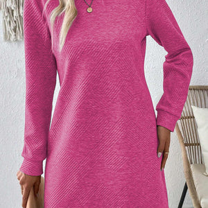 Textured Round Neck Long Sleeve Mini Dress