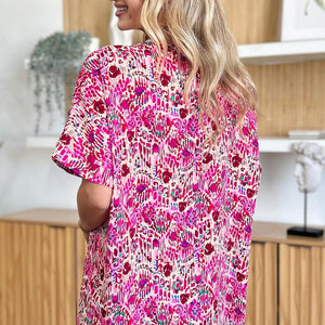 Double Take Full Size Printed V-Neck Short Sleeve Blouse