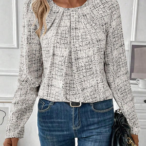 Ruched Round Neck Long Sleeve Blouse