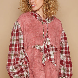 POL Star Patch Plaid Long Sleeve Hooded Top