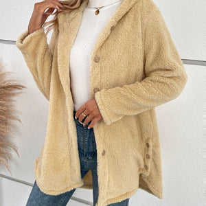 Fuzzy Button Up Hooded Jacket