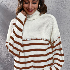 Striped Turtleneck Drop Shoulder Sweater