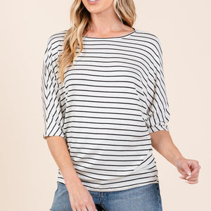 BOMBOM Striped Boat Neck Dolman Sleeve Top