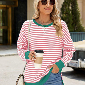 Slit Striped Round Neck Long Sleeve Sweatshirt