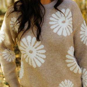 Perfee Flower Round Neck Long Sleeve Sweater