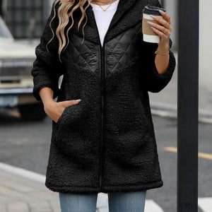 Fuzzy Zip Up Long Sleeve Hooded Jacket