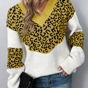 Leopard V-Neck Dropped Shoulder Sweater