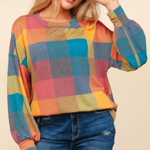 Haptics Round Neck Color Block Plaid Top