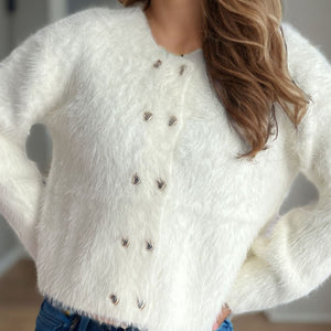 Heart Button Round Neck Cardigan