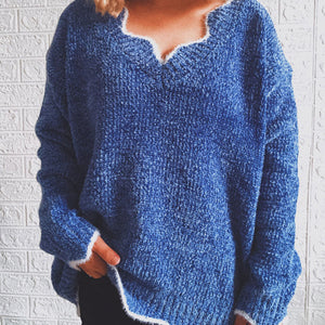 Notched Dropped Shoulder Long Sleeve Sweater