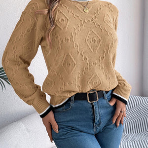 Contrast Trim Round Neck Long Sleeve Sweater