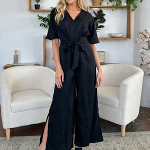 Double Take Full Size V-Neck Tied Side Slit Jumpsuit