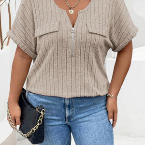 Plus Size Half Zip Short Sleeve T-Shirt