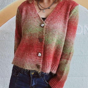 Gradient Heart Shape Button V-Neck Cardigan