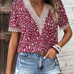 Full Size Printed V-Neck Short Sleeve Blouse