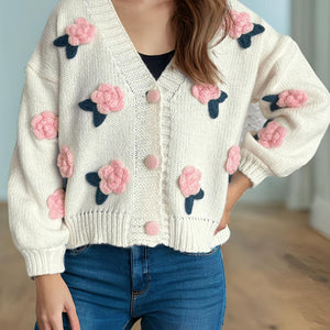 Flower Button Down V-Neck Long Sleeve Cardigan