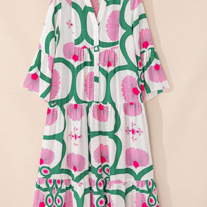 Printed Notched Long Sleeve Maxi Dress