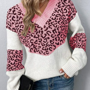 Leopard V-Neck Dropped Shoulder Sweater