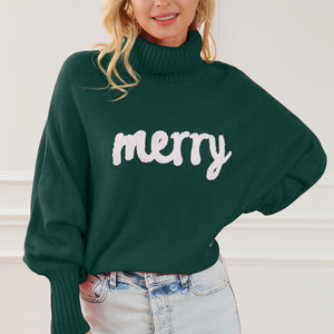 Merry Letter Embroidered High Neck Sweater