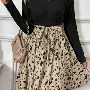 Tied Printed Mock Neck Long Sleeve Dress