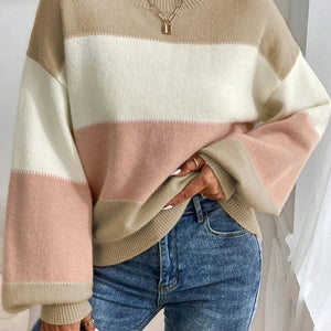 Color Block Round Neck Lantern Sleeve Sweater