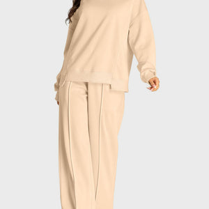 Round Neck Long Sleeve Top and Slit Pants Set