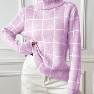 Plaid Turtleneck Long Sleeve Sweater