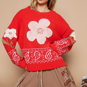 POL Flower Lace Patch Long Sleeve Sweater